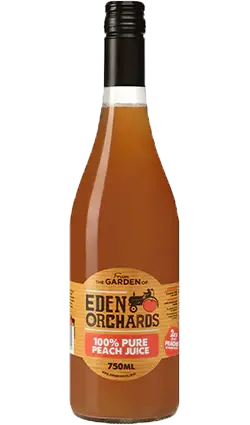 Pure Peach Juice, 750ml glass bottle from Eden Orchards, 100% natural with no added sugars or preservatives. Ideal health drink with rich peach flavor.