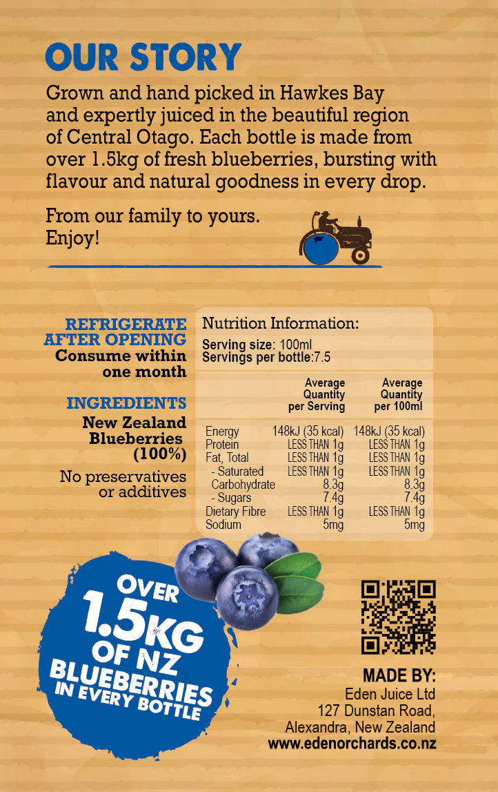 100% Pure Blueberry Juice, 750ml (glass) - Eden Orchards