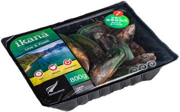 New Zealand Greenshell Mussels (full shell) 800g, price/pack, frozen