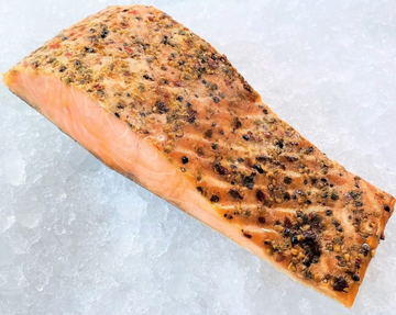 Hot Smoked Salmon Portion, Peppermix Flavour, skin on, boneless, 250g, price/pack, frozen