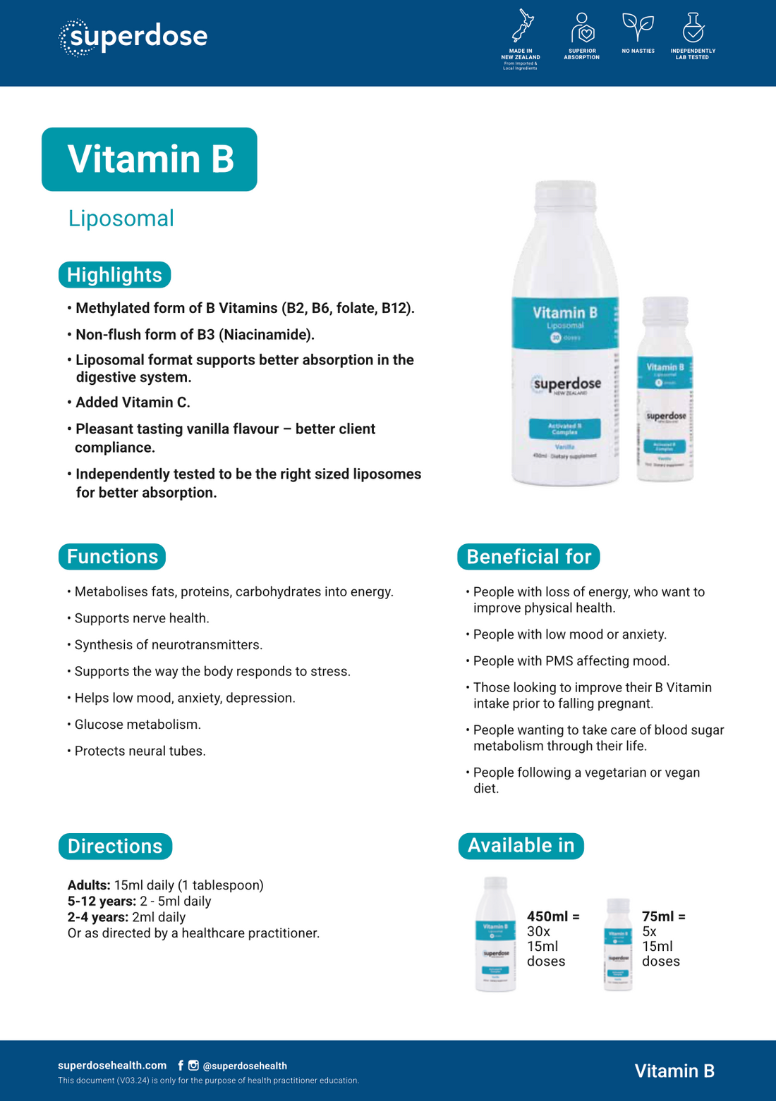 Superdose Liposomal Vitamin B Complex, Vanilla, 75ml - 5x Doses