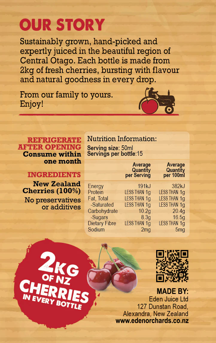 100% Pure Cherry Juice, 750ml (glass) - Eden Orchards