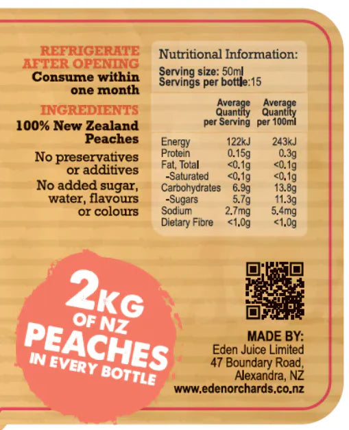 Pure Peach Juice, 750ml glass bottle, 100% natural juice made from 2kg of New Zealand peaches. No preservatives, additives, or added sugar.