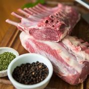 Grass Fed (Halal) Gourmet Lamb Frenched Racks (double with cap off), 8 cutlets/rack & 2 racks/pack, $90/kg, frozen